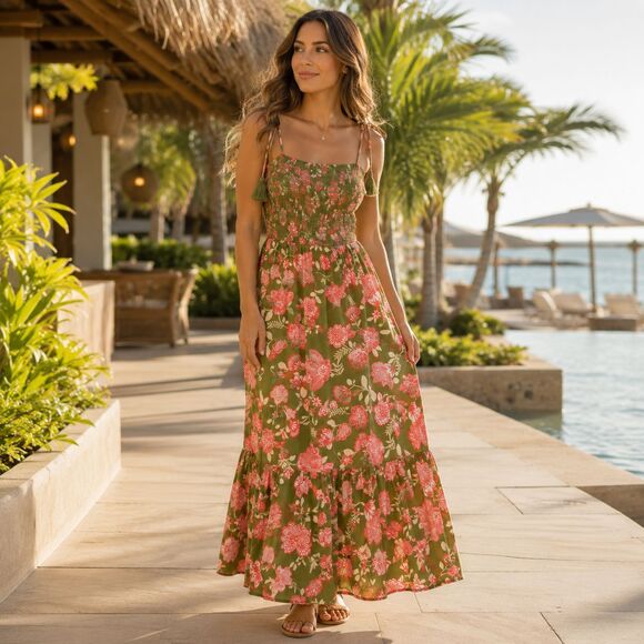 Patrons of Peace Dresses & Skirts - PATRONS OF PEACE Women New Maxi Dress XS Tropical Floral Smocked Tassel J2897F58